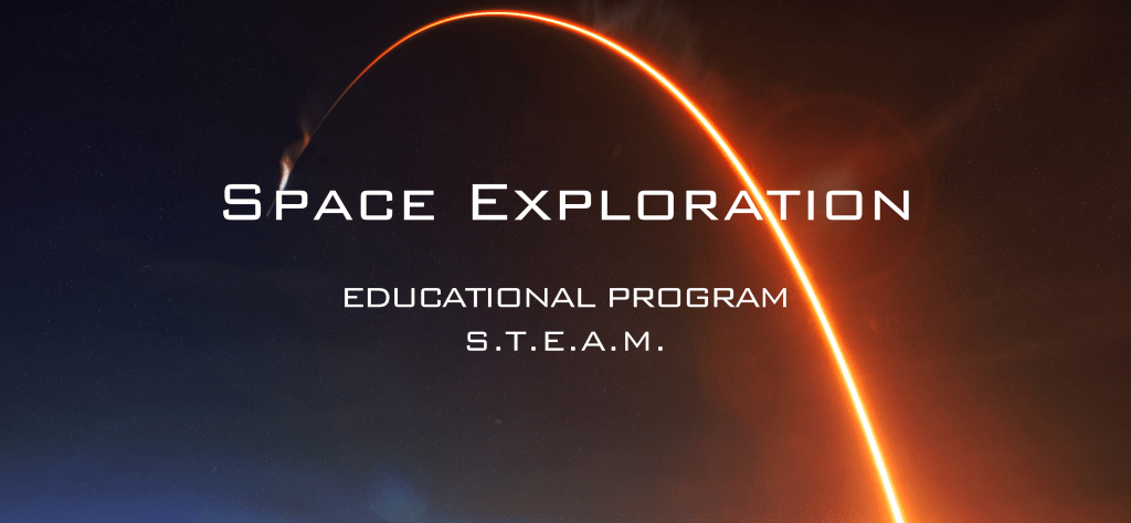 An artistic representation of space exploration with the text 'Space Exploration Educational Program S.T.E.A.M.' against a starry background and a glowing arc.